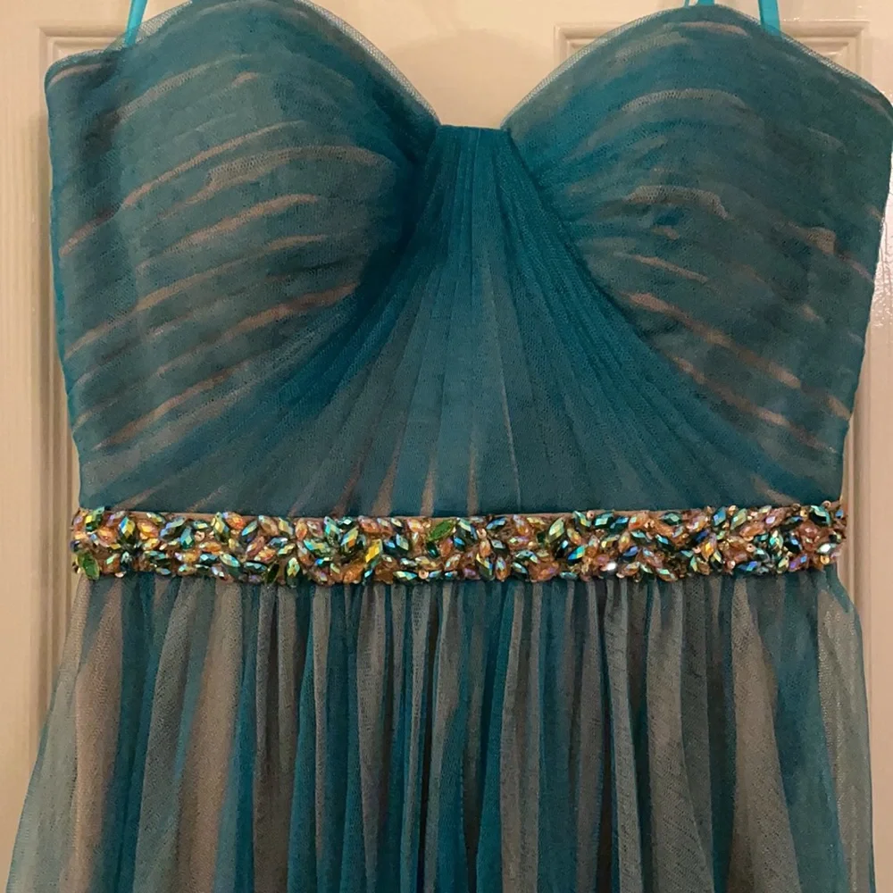 Cache teal and tan tulle cocktail prom dress - Picture 3 of 15